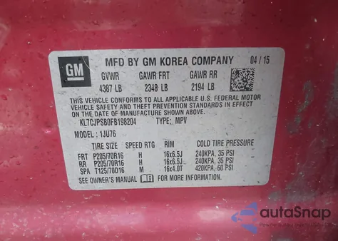 2015 Chevrolet Trax 1Ls z USA, uszkodzony, nr VIN KL7CJPSB0FB198204